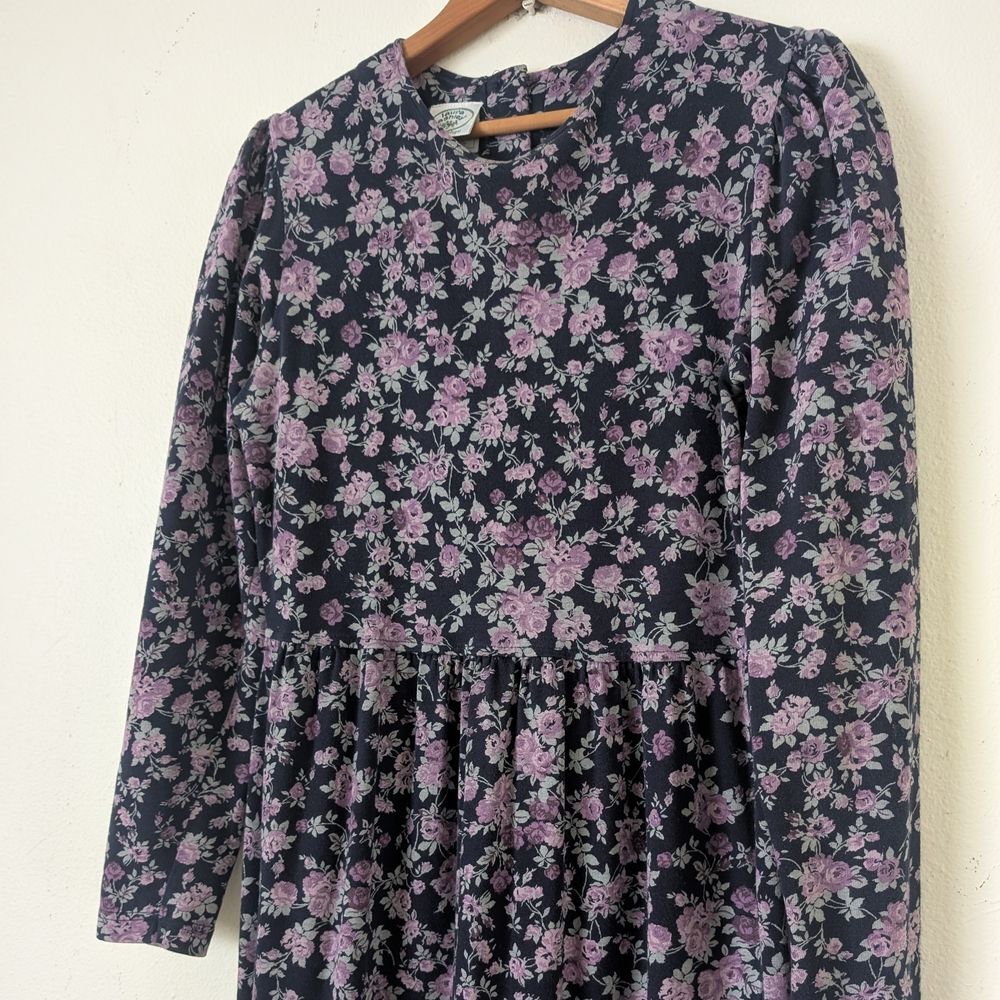 80s Laura Ashley Dark Floral Long Sleeve Dress, Sz 10 Navy Blue Lavender Flowers - Picture 5 of 12
